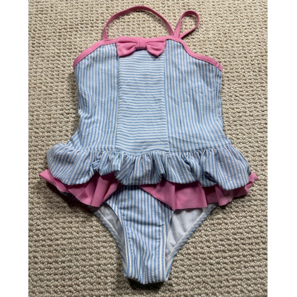 Crown & Ivy Kids One Piece Swimsuit Girls Sz 6 Blue/Pink‎ Stripes Ruffled Summer